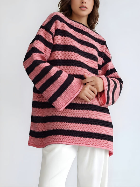 Damen Grobstrickpullover mit modischem Streifenmuster und lässigem Schnitt EB