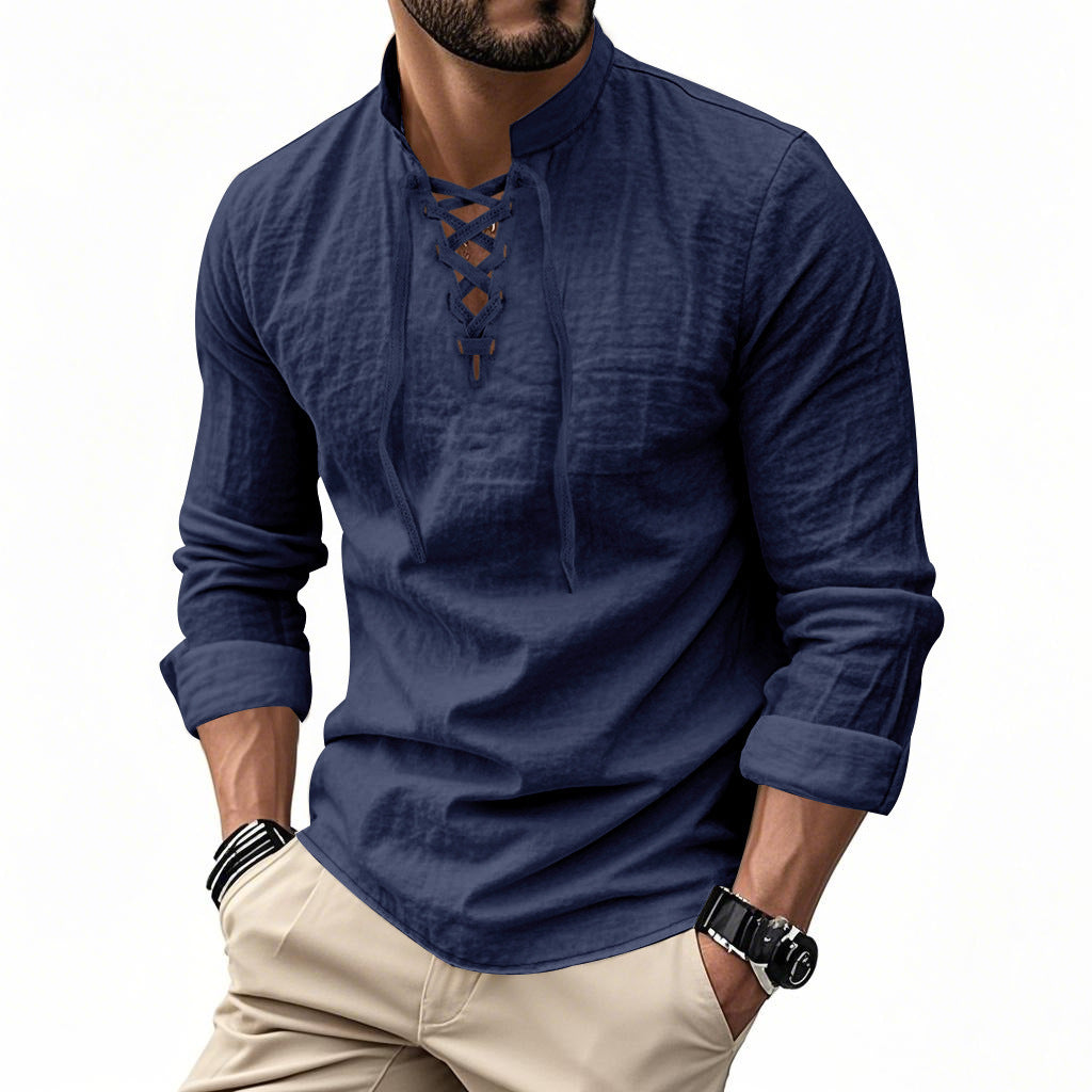 Herren nan Leinenoptik Langarmshirt mit Schnürung V-Ausschnitt und Stehkragen EB