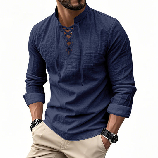 Herren nan Leinenoptik Langarmshirt mit Schnürung V-Ausschnitt und Stehkragen EB