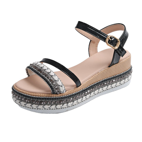Damen Riemensandalen mit modischer Schmuckverzierung und Plateau-Rand EB