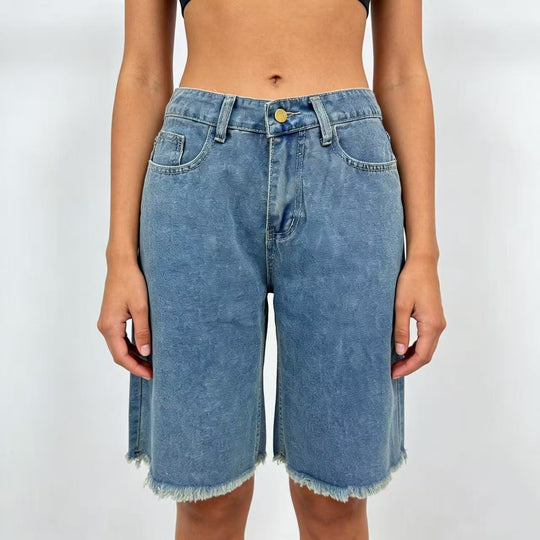 Damen lässige Denim-Shorts mit ausgefransten Säumen und hoher Taille EB