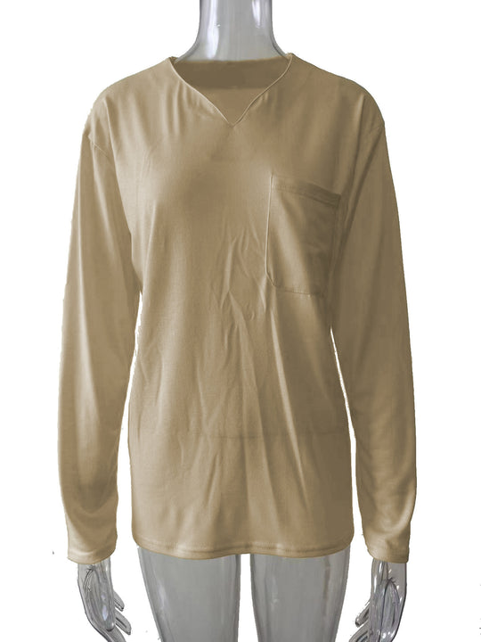Damen nan legeres Langarmshirt mit V-Notch-Ausschnitt, Brusttasche und lockerer Oversize-Passform EB