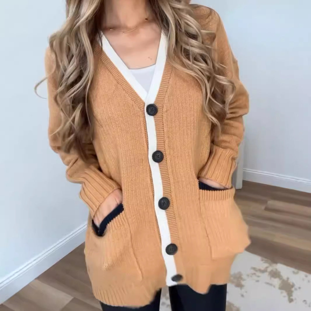 Damen Strickjacke mit Taschen und modernen Knöpfen EB