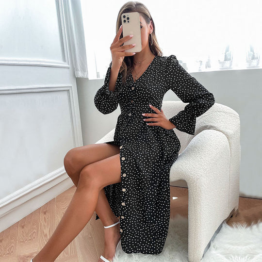 Damen Midikleid mit Knöpfen und weit ausgestellten Ärmeln EB