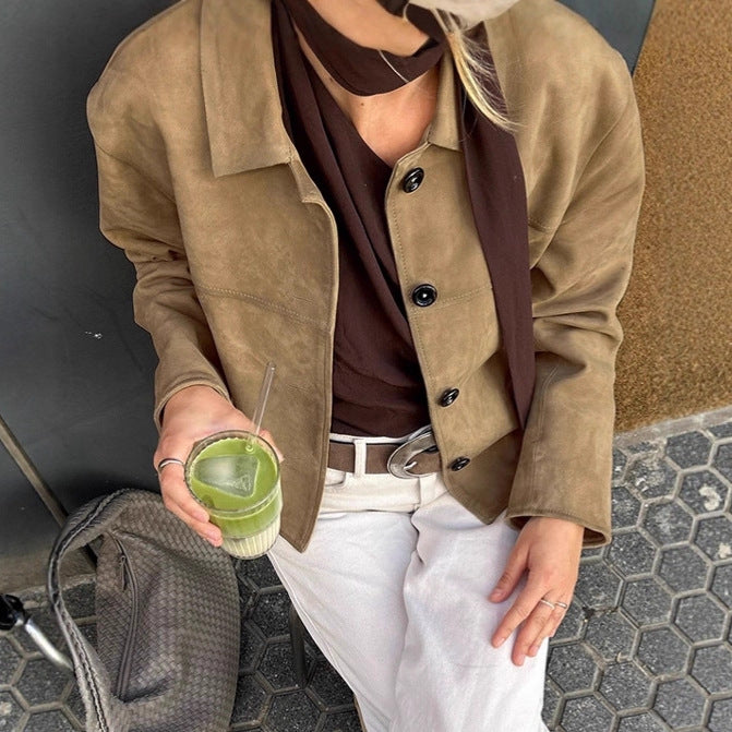 Damen Modische Wildlederjacke im lässigen Schnitt mit Knopfdetails EB