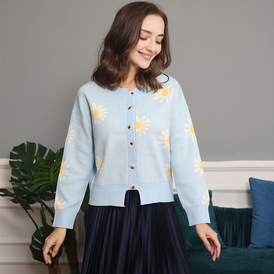 Damen modische Strickjacke mit floralem Muster und kurzen Ärmeln EB