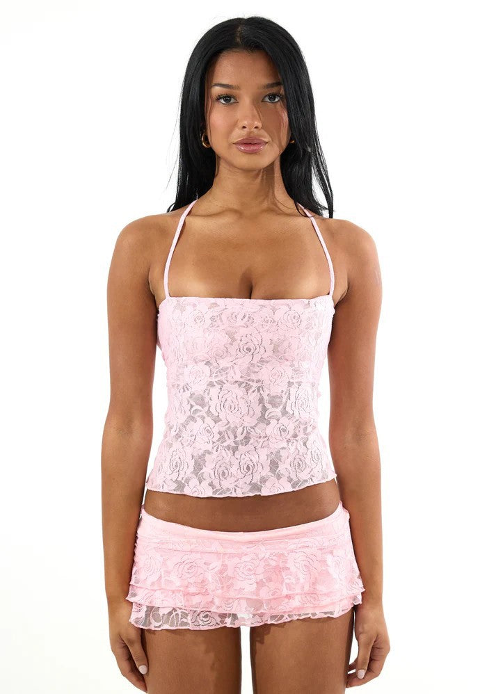 Damen Spaghetti-Träger Crop-Top mit Spitzenmuster EB