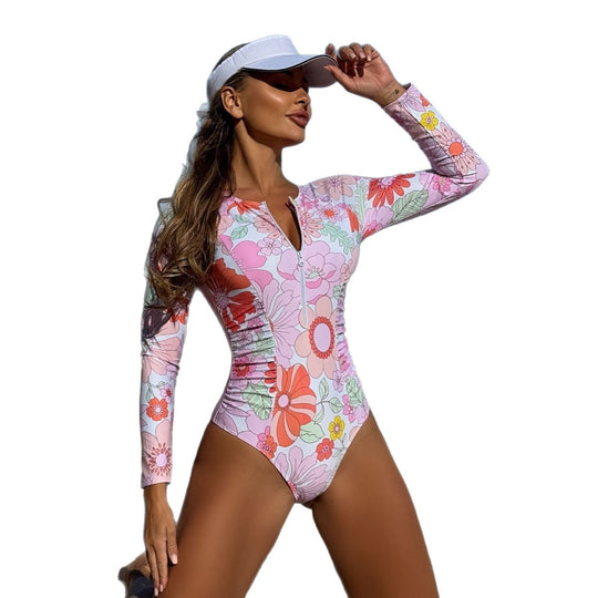 Damen Einteiliger Badeanzug mit floralem Druck und sportlichem Reißverschluss EB