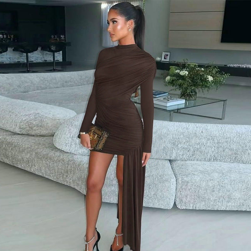 Damen elegantes Wickelkleid mit asymmetrischem Saum und langen Ärmeln EB
