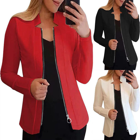 Damen Moderne Blazerjacke mit Asymmetrischem Reißverschluss und Figurbetontem Schnitt EB
