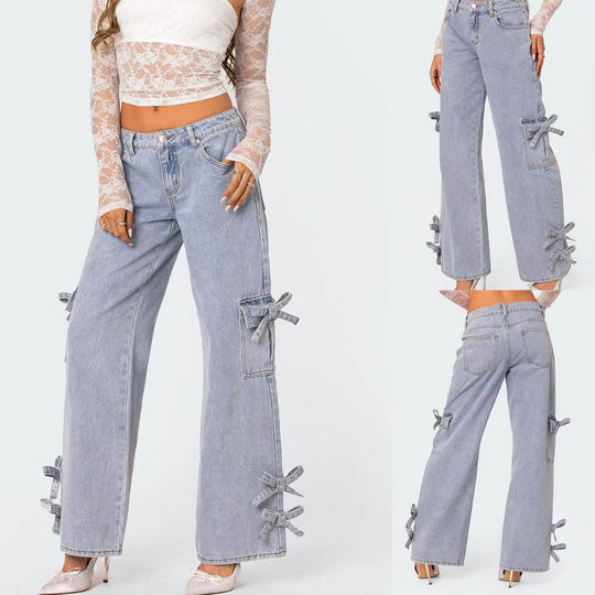 Damen lässige Cargo-Jeans mit stylischem Schleifen-Detail EB