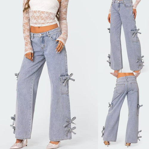 Damen lässige Cargo-Jeans mit stylischem Schleifen-Detail EB
