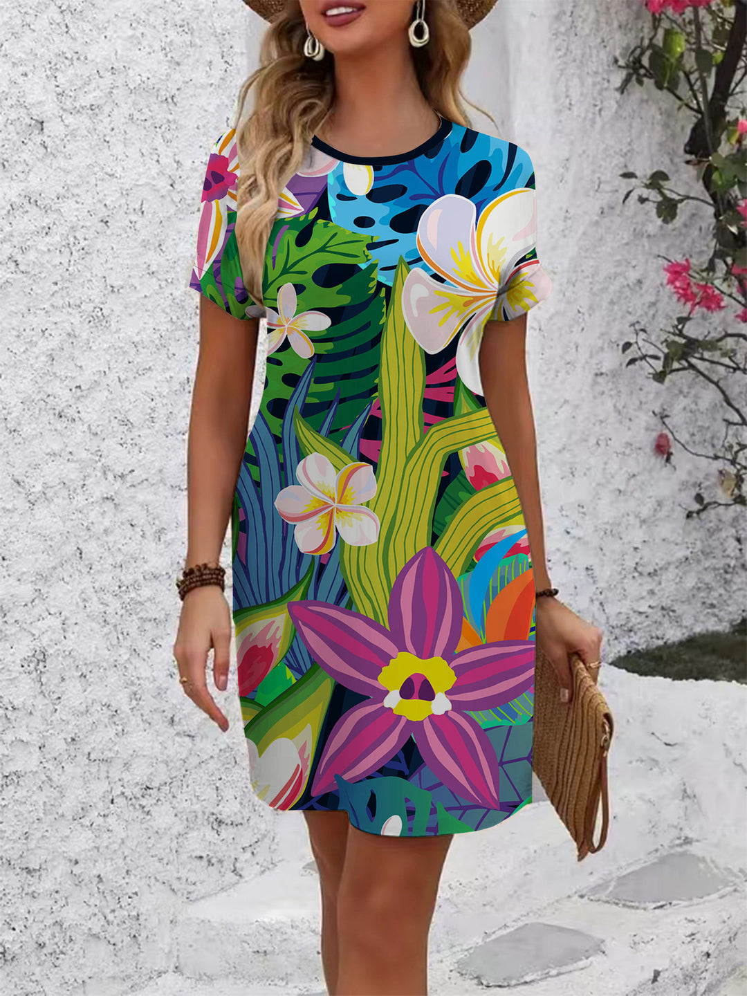 Damen Kurzarm Kleid mit botanischem Druck EB
