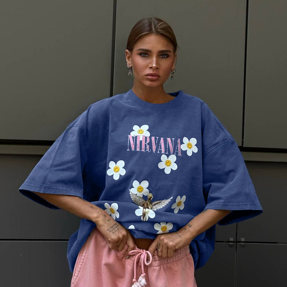 Damen Trendiges Oversized T-Shirt mit floralem Aufdruck EB