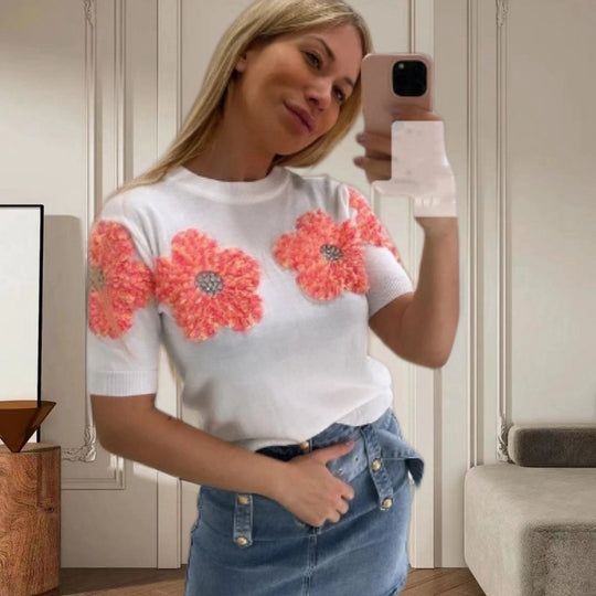 Damen Modischer Strickpullover mit floralen Applikationen EB