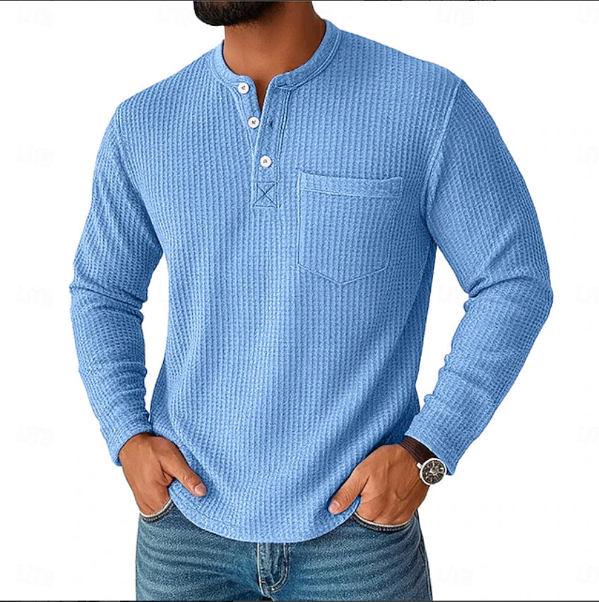 Herren nan Langarm Henley mit Waffelstruktur und Brusttasche thermisches Langarmshirt EB