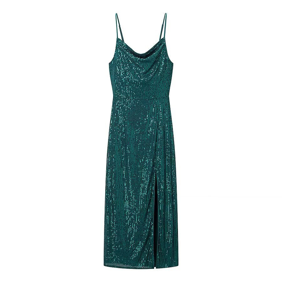 Damen Glamouröses Midikleid mit schimmerndem Stoff und bequemen Spaghettiträgern EB