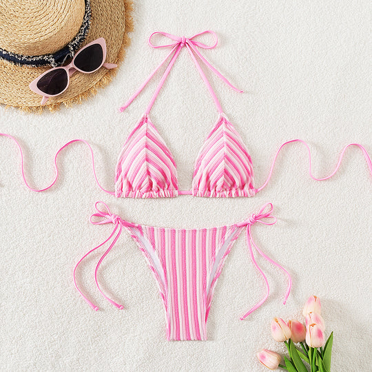 Damen Triangel-Bikini mit raffinierten Streifen und verspielten Schleifen EB
