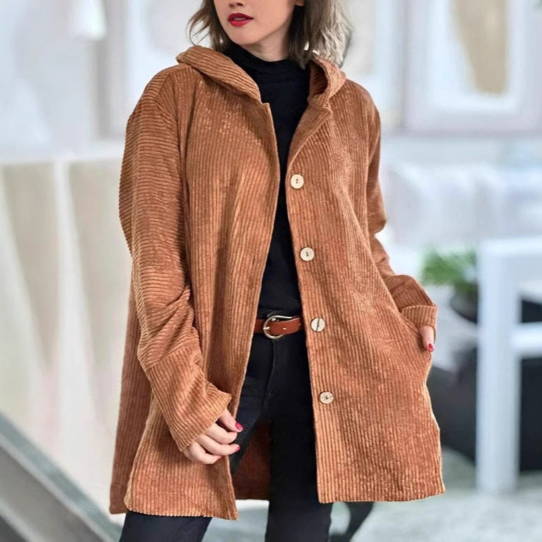 Damen Kapuzenjacke aus Rippstoff mit Holzknöpfen und Freizeit-Schnitt EB