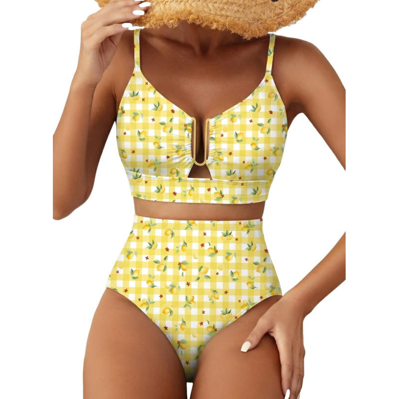 Damen Hoch geschnittener Bikini mit floralem Muster und Leo-Print EB