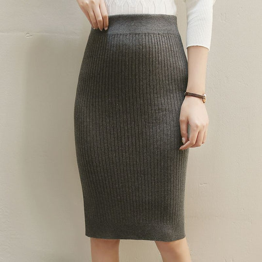 Damen Gestrickter Bleistiftrock mit hoher Taille und Rippstruktur EB