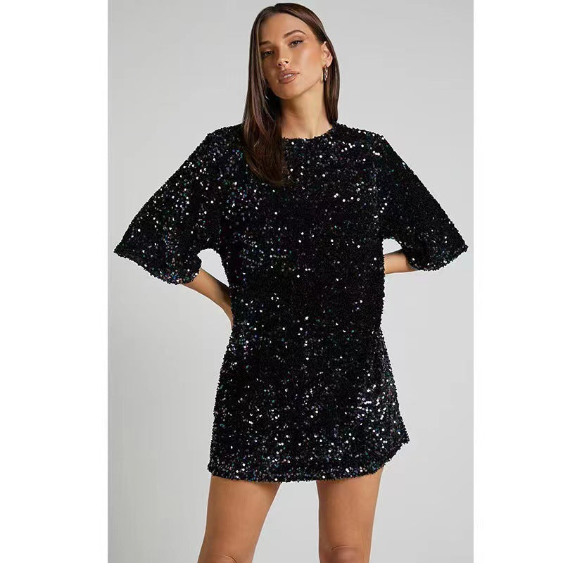 Damen Glamouröses Pailletten-Minikleid mit lässigem Schnitt EB