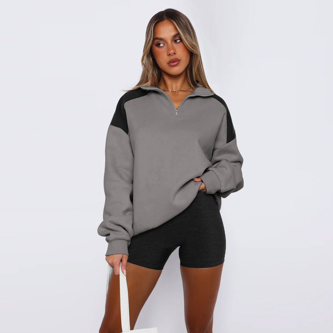 Damen lässiger Sweatshirt mit halbem Reißverschluss und kontrastierenden Ärmeln EB