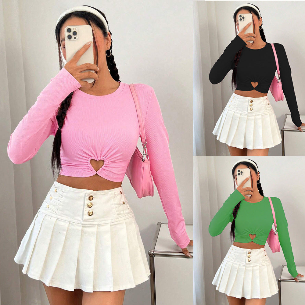 Damen gerafftes Crop-Top mit Herz-Cutout, langärmlig und feiner Rippstruktur Eichborn Berlin