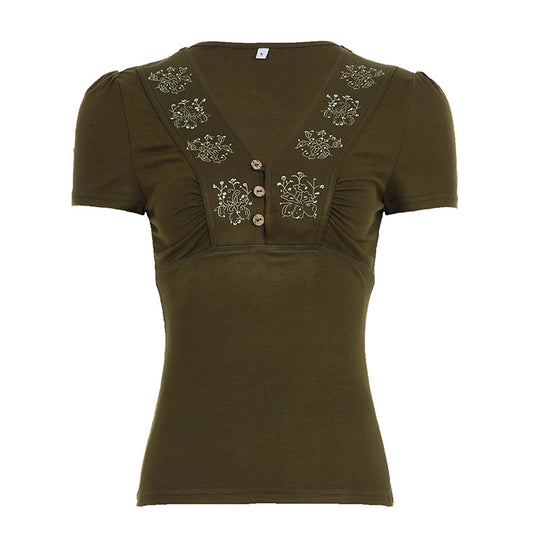 Damen Kurzarmshirt mit dekorativen Knopf- und Stickdetails EB