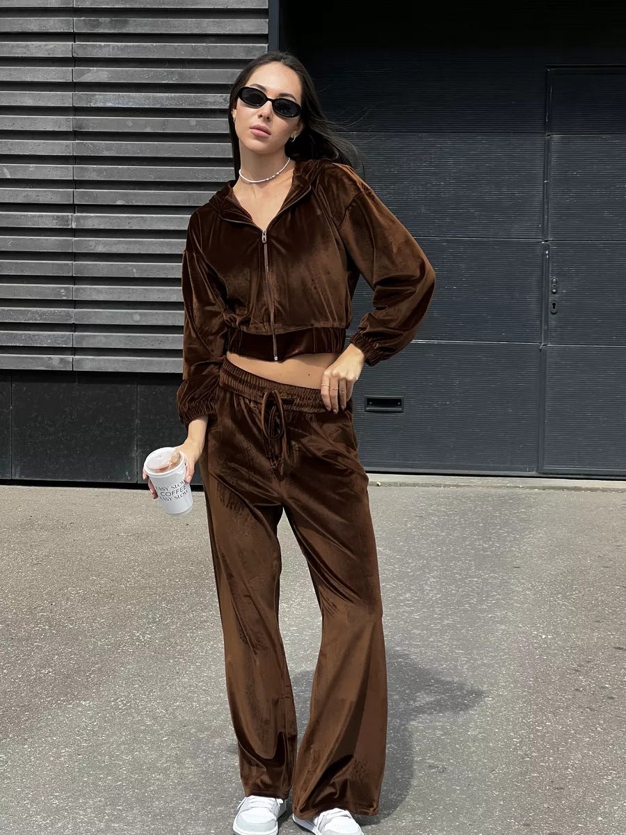 Damen weiches Velours-Lounge-Set mit kurzer Reißverschluss-Kapuzenjacke und weiter High-Waist-Hose EB