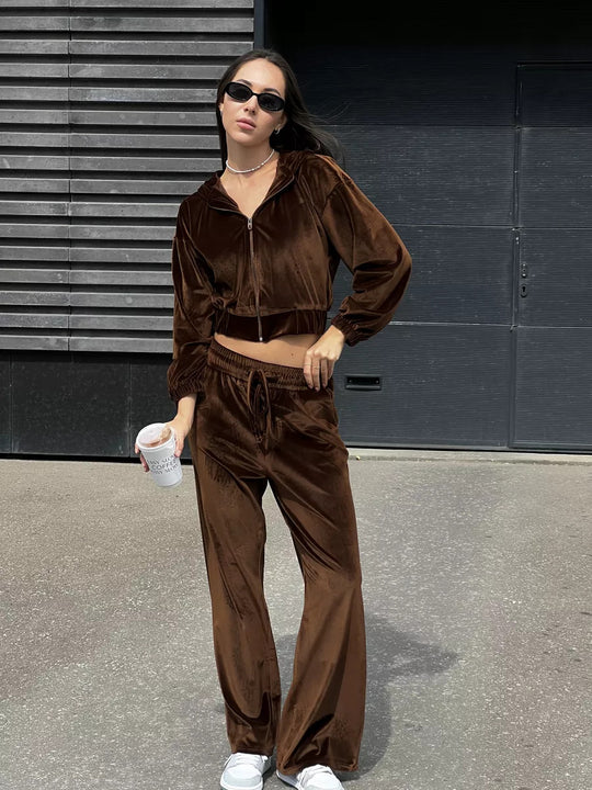 Damen weiches Velours-Lounge-Set mit kurzer Reißverschluss-Kapuzenjacke und weiter High-Waist-Hose EB