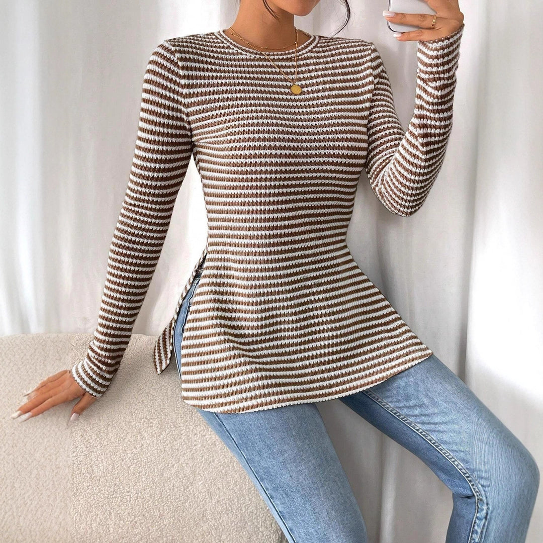 Damen Langarmshirt mit modernem Strickmuster und seitlichen Schlitzen EB