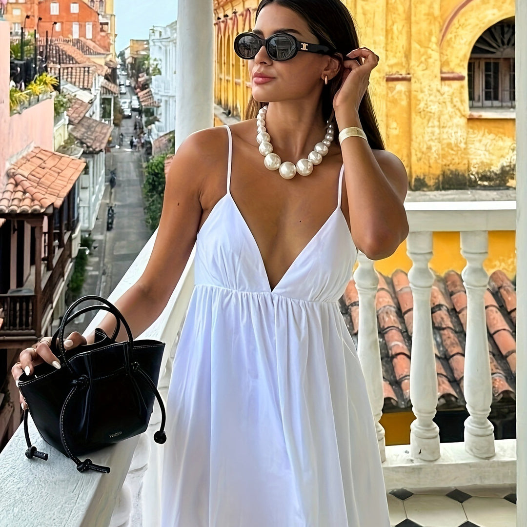 Damen Freizeit Maxikleid mit elegantem V-Ausschnitt und fließendem Stoff EB