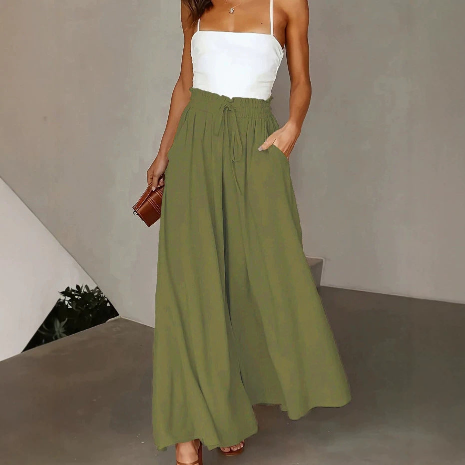 Damen Weite Maxipalazzo-Hose mit Paperbag-Bund, Kordelzug und Seitentaschen EB