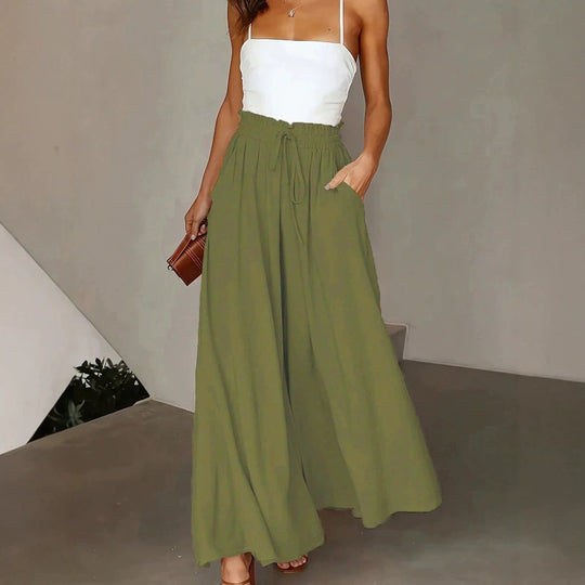Damen Weite Maxipalazzo-Hose mit Paperbag-Bund, Kordelzug und Seitentaschen EB