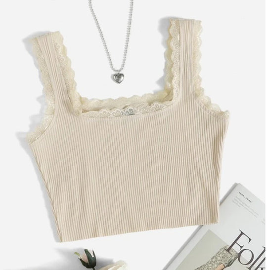 Damen modisches Basic-Crop-Top aus feiner Rippstruktur mit Spitzenrand EB
