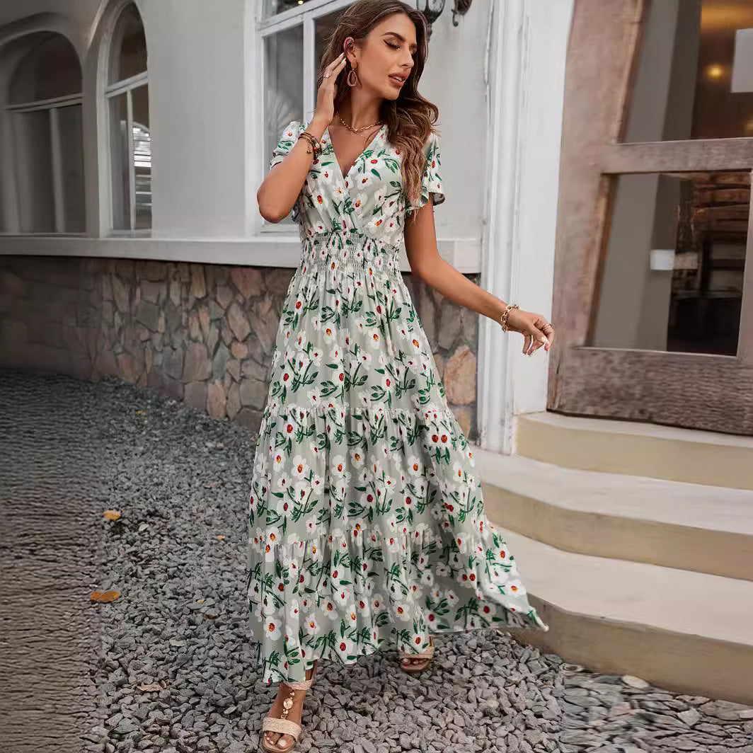 Damen luftiges Maxikleid mit V-Ausschnitt und elastischem Taillendesign EB