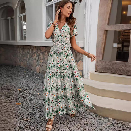 Damen luftiges Maxikleid mit V-Ausschnitt und elastischem Taillendesign EB