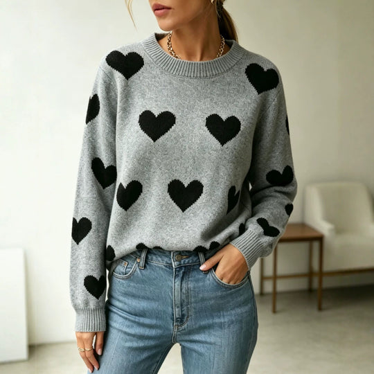 Damen Herz-Intarsien Rundhalspullover mit lässiger Oversize-Passform EB
