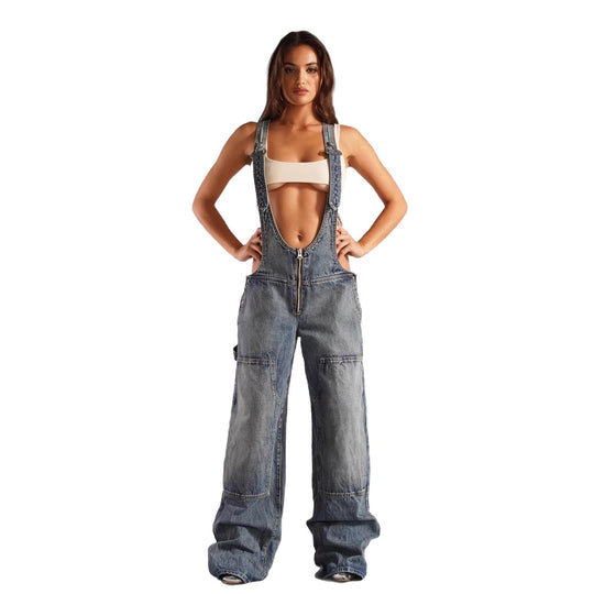 Damen lässige Denim-Latzhose mit oversized Schnitt und praktischen Taschen EB