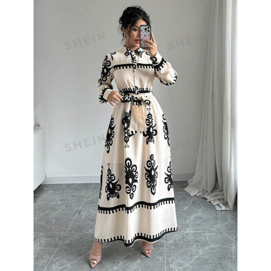 Damen Langarm-Maxikleid mit elegantem Knopfdesign und taillierbarem Gürtel EB