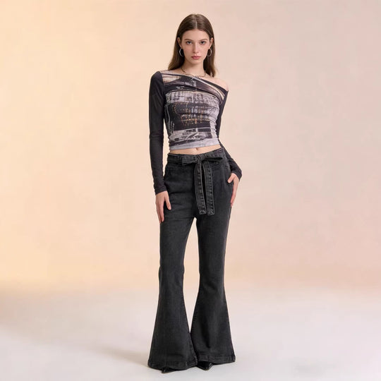 Damen nan High‑Waist Denimhose mit Schleifenbund, hoher Taille und weitem Schlag EB