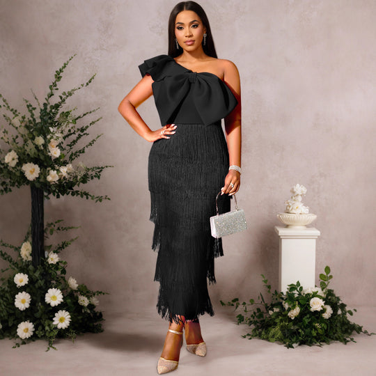 Damen Cocktailkleid mit voluminösem Rüschendesign und Fransen EB