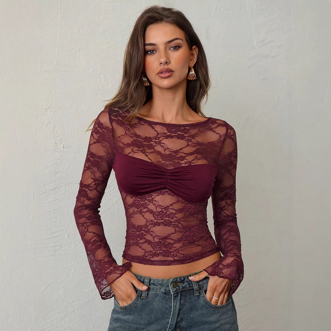Damen nan tailliertes Spitzenoberteil mit integriertem Bustier und geraffter Brustpartie EB