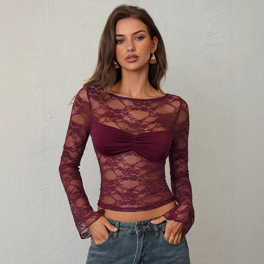 Damen nan tailliertes Spitzenoberteil mit integriertem Bustier und geraffter Brustpartie EB