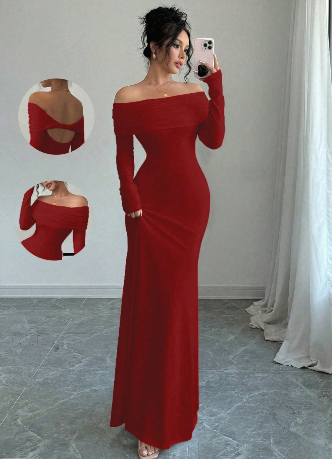 Damen Elegantes und figurbetontes Off-Shoulder Maxikleid mit langen Ärmeln EB