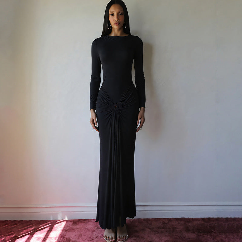 Damen Elegantes Maxikleid mit Drapierungsdetails und langem Arm EB