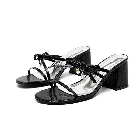 Damen elegante Sandaletten mit dekorativem Schleifen-Design und Blockabsatz EB