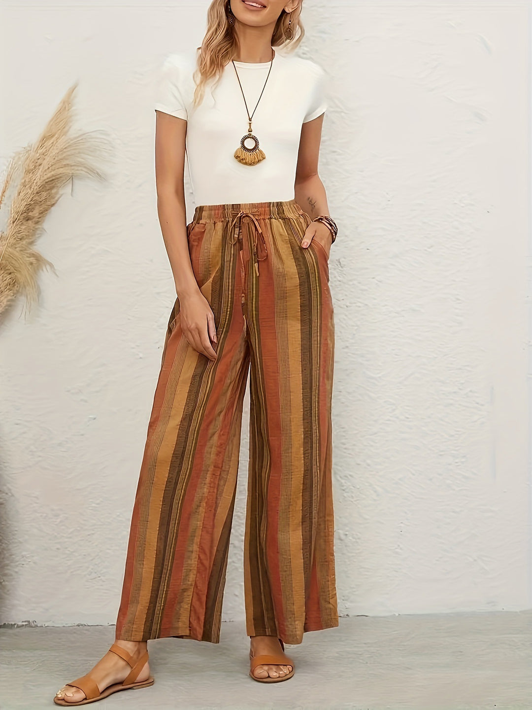 Damen lockere Palazzo-Hose mit elastischem Bund und seitlichen Taschen EB