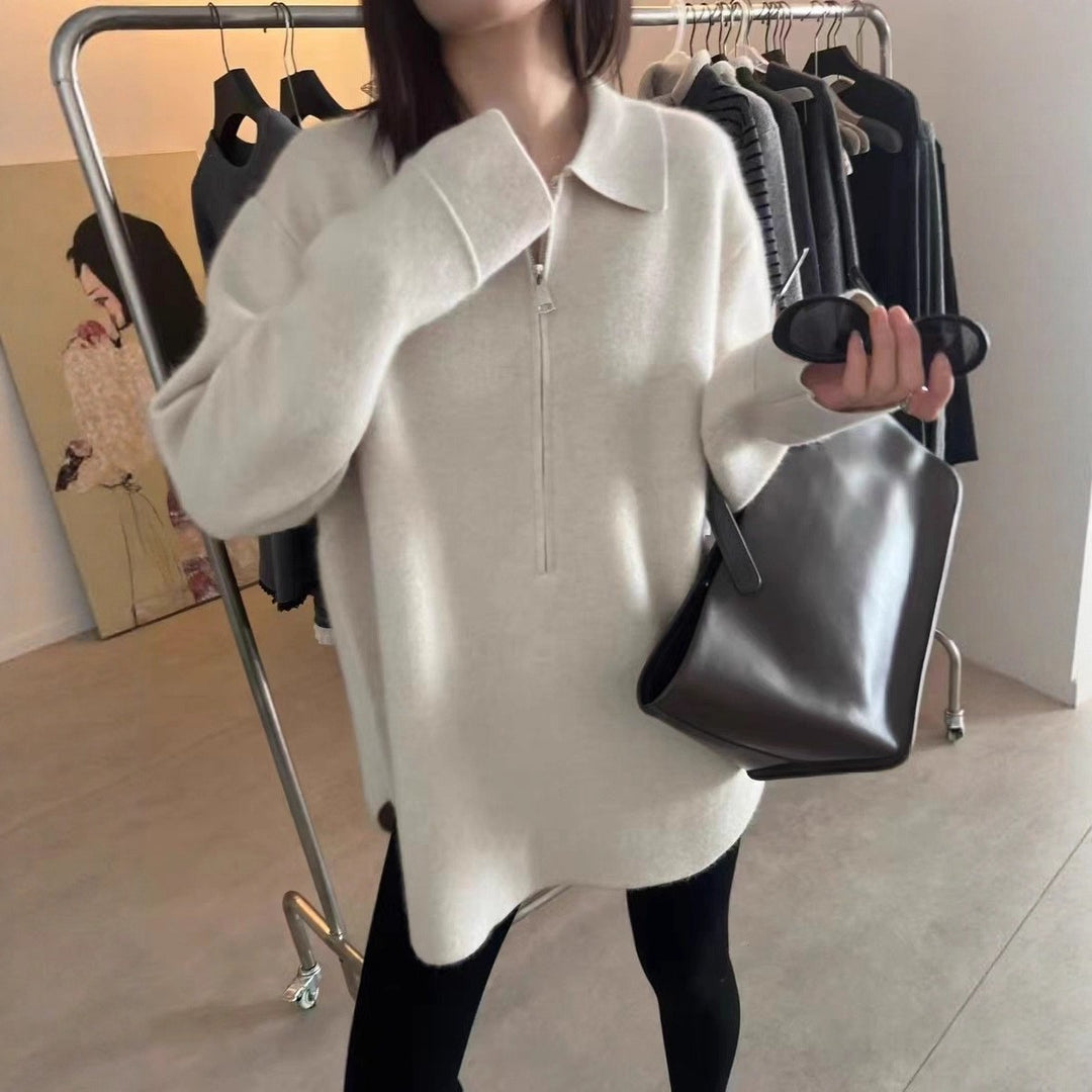 Damen Modischer Pullover mit Reißverschluss und Kragen EB